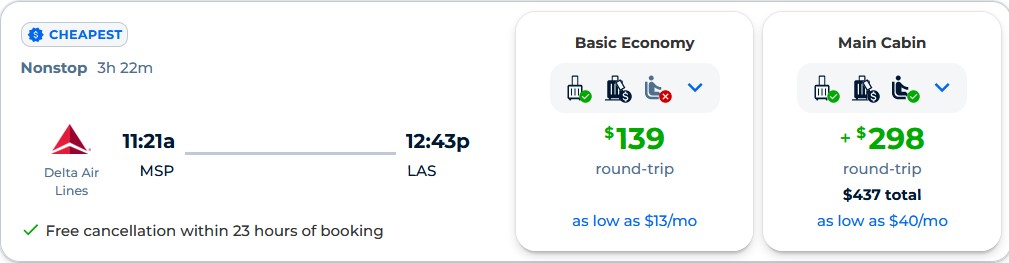 Non-stop flights from Minneapolis to Las Vegas for only $139 roundtrip with Delta Air Lines. Also works in reverse. Flight deal ticket image.