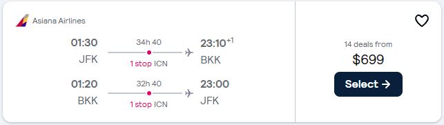 Cheap flights from New York to Bangkok, Thailand for only $700 roundtrip with Asiana Airlines. Flight deal ticket image.
