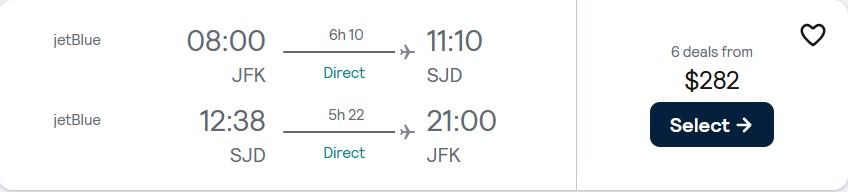 Non-stop flights from New York to San Jose del Cabo, Mexico for only $282 roundtrip with JetBlue. Flight deal ticket image.