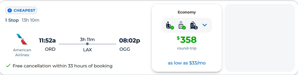 Cheap flights from Chicago to Kahului, Hawaii for only $358 roundtrip with American Airlines. Also works in reverse. Flight deal ticket image.