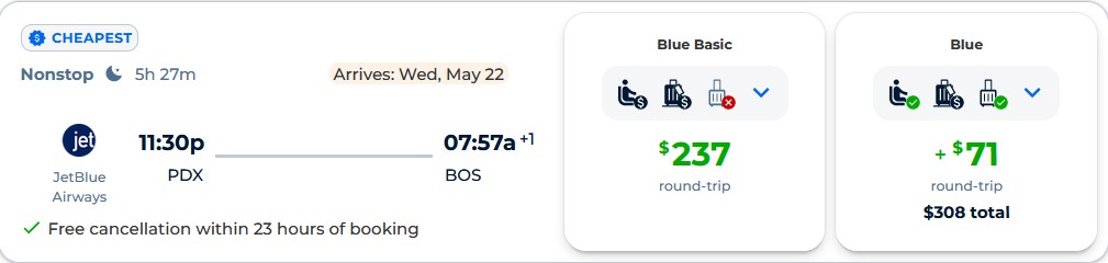 Non-stop flights from Portland, Oregon to Boston for only $237 roundtrip with JetBlue Airways. Also works in reverse. Flight deal ticket image.