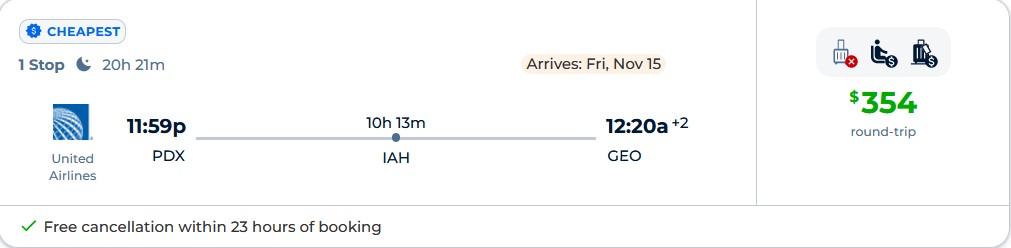 Cheap flights from Portland, Oregon to Guyana for only $354 roundtrip with United Airlines. Flight deal ticket image.