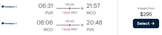 Cheap flights from Puerto Vallarta, Mexico to Orlando, Florida for only $295 USD roundtrip with Aeromexico. Flight deal ticket image.
