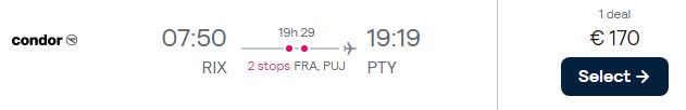 Cheap flights from Riga, Latvia to Panama City, Panama for only €170 one-way with Copa Airlines. Flight deal ticket image.