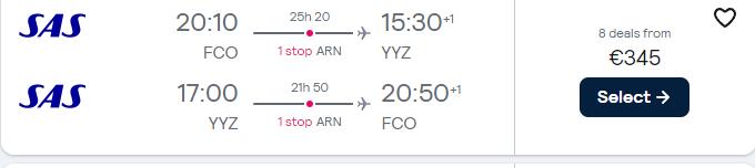 Cheap flights from Rome, Italy to Toronto, Canada for only €346 roundtrip with Scandinavian Airlines. Flight deal ticket image.