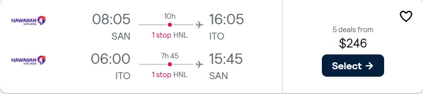 Click here to book this cheap flight deal. Cheap flights from San Diego to Hilo for only $246 roundtrip with Hawaiian Airlines. Also works in reverse. Flight deal ticket image.