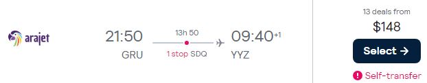 Cheap flights from Sao Paulo, Brazil to Toronto, Canada for only $148 USD one-way. Flight deal ticket image.
