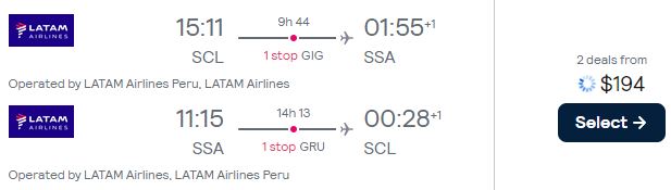 Click here to book this cheap flight deal. Cheap flights from Santiago, Chile to Salvador, Brazil for only $194 USD roundtrip with LATAM Airlines. Flight deal ticket image.