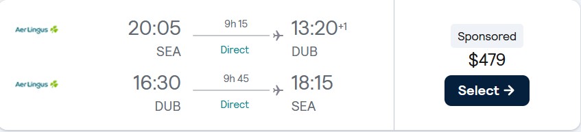 Non-stop flights from Seattle to Dublin, Ireland for only $479 roundtrip with Aer Lingus. Flight deal ticket image.