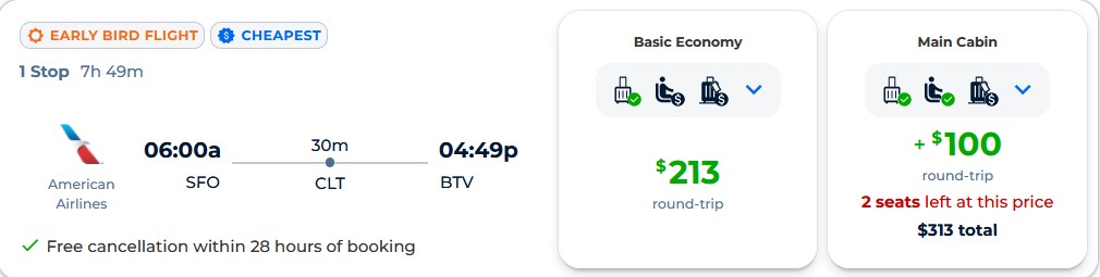 Cheap flights from San Francisco to Burlington for only $213 roundtrip with American Airlines. Also works in reverse. Flight deal ticket image.