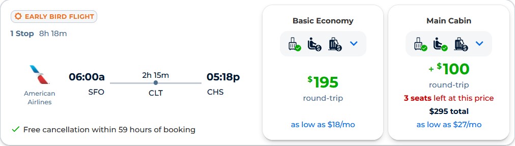 Non-stop, summer flights from San Francisco to Charleston, South Carolina for only $195 roundtrip with American Airlines. Also works in reverse. Flight deal ticket image.