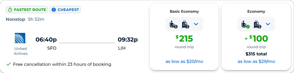 Non-stop flights from San Francisco to Lihue, Hawaii for only $215 roundtrip with United Airlines. Also works in reverse. Flight deal ticket image.