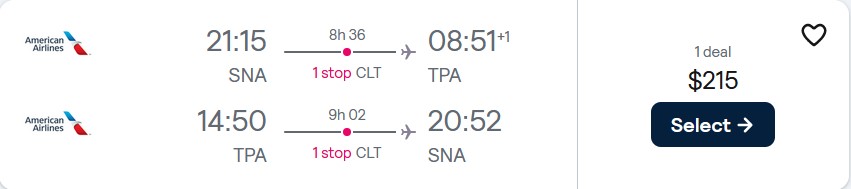 Cheap flights from Santa Ana, California to Tampa, Florida for only $215 roundtrip with American Airlines. Also works in reverse. Flight deal ticket image.