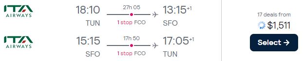 Click here to book this cheap flight deal. Business Class, summer flights from Tunis, Tunisia to San Francisco, USA for only $1511 USD roundtrip. Flight deal ticket image.