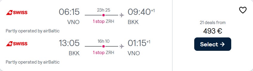 Cheap flights from Vilnius, Lithuania to Bangkok, Thailand for only €493 roundtrip with Swiss International Air Lines. Flight deal ticket image.
