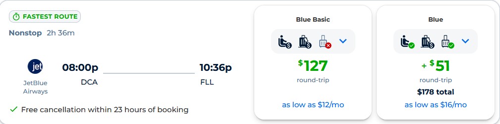 Non-stop flights from Washington DC to Fort Lauderdale for only $127 roundtrip with JetBlue Airways. Also works in reverse. Flight deal ticket image.