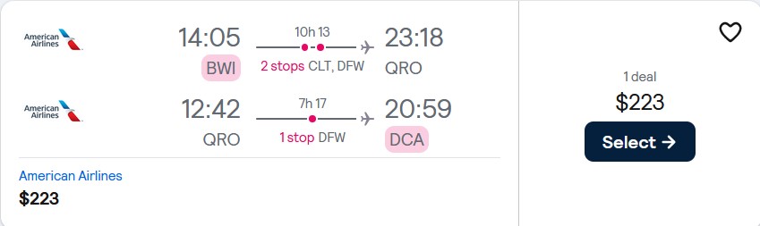 Cheap flights from Washington DC to Queretaro, Mexico for only $223 roundtrip with American Airlines. Flight deal ticket image.
