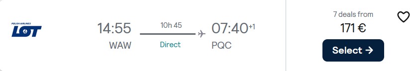 Non-stop flights from Warsaw, Poland to Phu Quoc, Vietnam for only €171 one-way with LOT Polish Airlines. Flight deal ticket image.