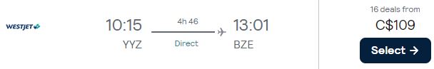 Non-stop flights from Toronto, Canada to Belize City, Belize for only $109 CAD one-way. Flight deal ticket image.