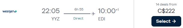 Click here to book this cheap flight deal. Non-stop flights from Toronto, Canada to Edinburgh, Scotland for only $222 CAD one-way. Flight deal ticket image.
