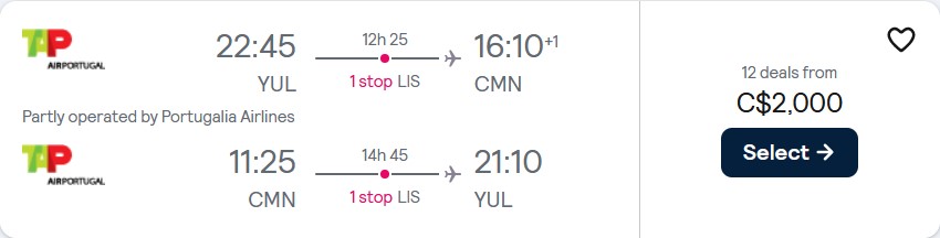 Business Class flights from Montreal, Canada to Casablanca or Marrakesh, Morocco from only $2000 CAD roundtrip with TAP Air Portugal. Flight deal ticket image.