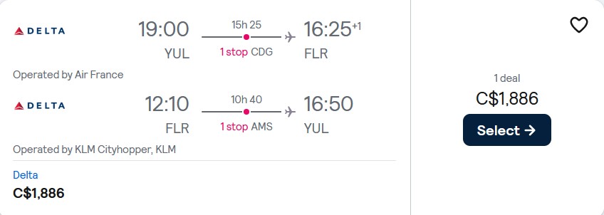 Business Class, summer flights from Montreal, Canada to European cities from only $1886 CAD roundtrip with Air France and KLM. Flight deal ticket image.