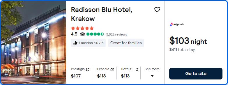 Click here to book this cheap flight deal. Stay at the 5* Radisson Blu Hotel, Krakow in Krakow, Poland for only $103 USD per night. Flight deal ticket image.