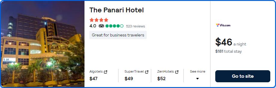 Stay at the 4* The Panari Hotel in Nairobi, Kenya for only $46 USD per night over Christmas and New Year. Flight deal ticket image.