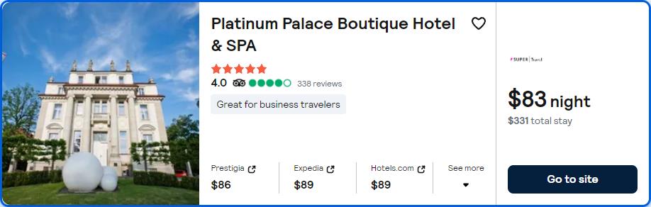 Click here to book this cheap flight deal. Stay at the 5* Platinum Palace Boutique Hotel & SPA in Wroclaw, Poland for only $83 USD per night. Flight deal ticket image.