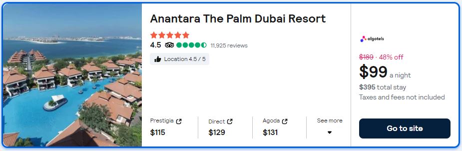 Stay at the 5* Anantara The Palm Dubai Resort in Dubai, UAE for only $99 USD per night. Flight deal ticket image.
