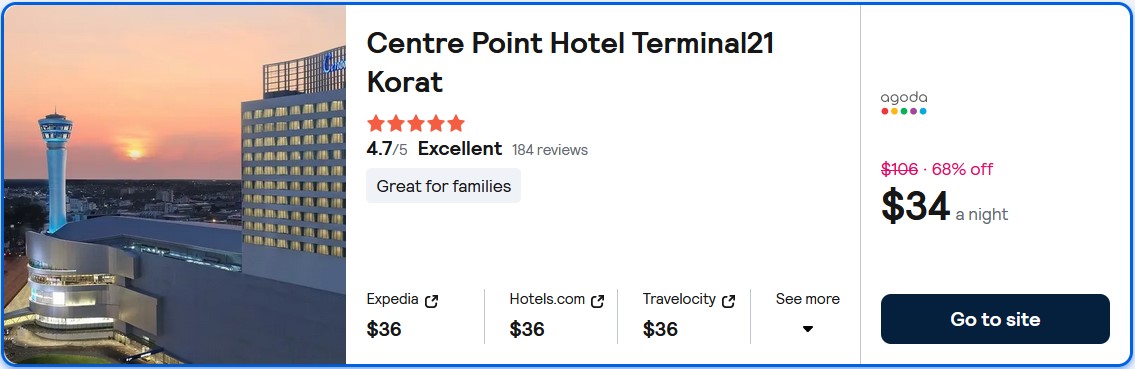 Stay at the 5* Centre Point Hotel Terminal21 Korat in Nakhon Ratchasima, Thailand for only $34 USD per night. Flight deal ticket image.
