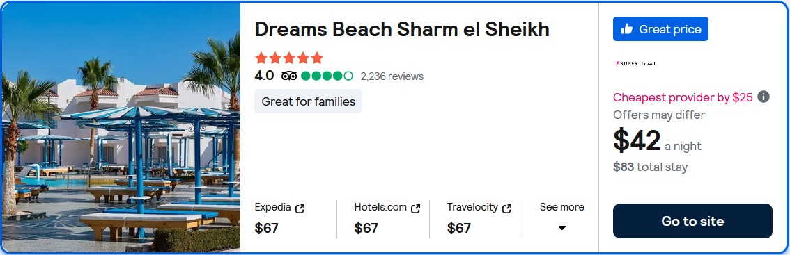 Stay at the 5* Dreams Beach Sharm el Sheikh in Sharm El Sheikh, Egypt for only $42 USD per night. Flight deal ticket image.