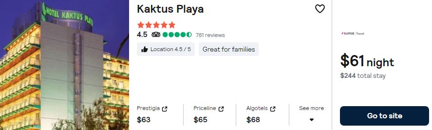 Click here to book this cheap flight deal. Stay at the 5* Kaktus Playa in Madrid, Spain for only $61 USD per night. Flight deal ticket image.