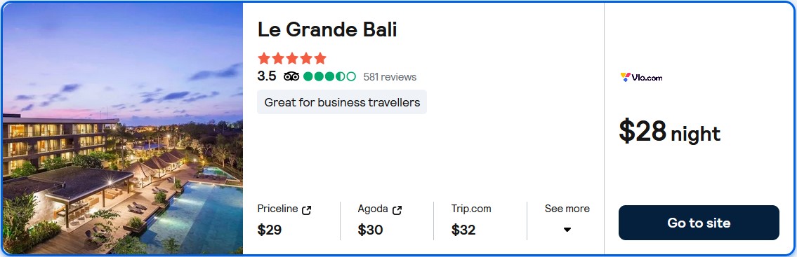 Stay at the 5* Le Grande Bali in Bali, Indonesia for only $28 USD per night. Flight deal ticket image.