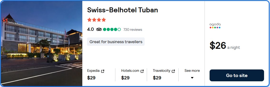 Stay at the 4* Swiss-Belhotel Tuban in Bali, Indonesia for only $26 USD per night. Flight deal ticket image.
