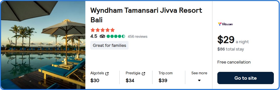 Stay at the 5* Wyndham Tamansari Jivva Resort Bali in Bali, Indonesia for only $29 USD per night. Flight deal ticket image.