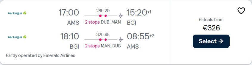 Cheap flights from European cities to Barbados from only €326 roundtrip with Aer Lingus. Flight deal ticket image.