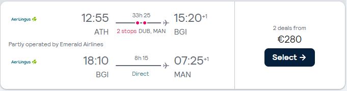 Open-jaw flights from Athens, Greece to Barbados returning to Manchester, UK for only €280 with Aer Lingus. Flight deal ticket image.