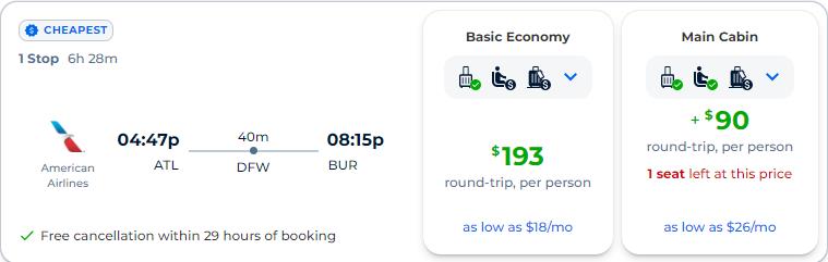 Summer flights from Atlanta to Burbank, California for only $193 roundtrip with American Airlines. Also works in reverse. Flight deal ticket image.