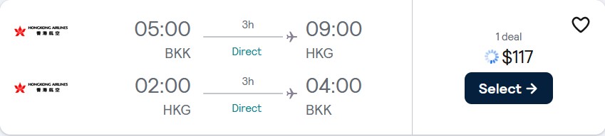 Non-stop flights from Bangkok, Thailand to Hong Kong for only $117 USD roundtrip. Flight deal ticket image.