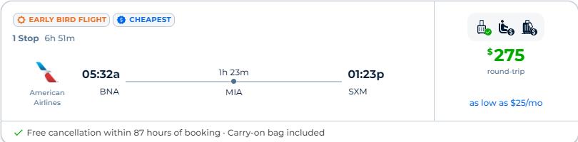 Click here to book this cheap flight deal. Cheap flights from Nashville to St. Martin for only $275 roundtrip with American Airlines. Flight deal ticket image.