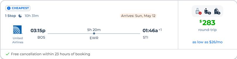 Click here to book this cheap flight deal. Cheap flights from Boston to the Dominican Republic for only $283 roundtrip with United Airlines. Flight deal ticket image.
