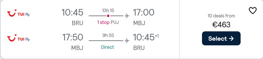 Cheap flights from Brussels, Belgium to Montego Bay, Jamaica or Cancun, Mexico from only €463 roundtrip. Flight deal ticket image.