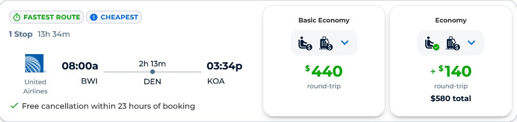 Cheap flights from Baltimore to Kona, Hawaii for only $440 roundtrip with United Airlines. Also works in reverse. Flight deal ticket image.