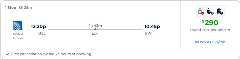Click here to book this cheap flight deal. Non-stop flights from Belize City, Belize to Washington DC, USA for only $290 USD roundtrip with United Airlines. Flight deal ticket image.