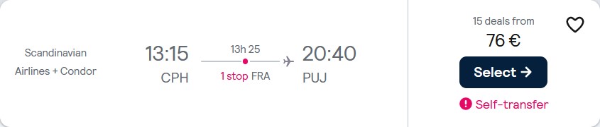 Cheap flights from Copenhagen, Denmark to the Dominican Republic for only €76 one-way. Flight deal ticket image.
