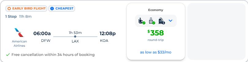 Cheap flights from Dallas, Texas to Kona, Hawaii for only $358 roundtrip with American Airlines. Also works in reverse. Flight deal ticket image.