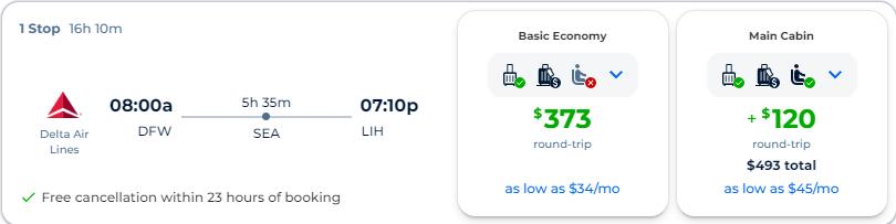 Summer flights from Dallas, Texas to Lihue, Hawaii for only $373 roundtrip with Delta Air Lines. Also works in reverse. Flight deal ticket image.