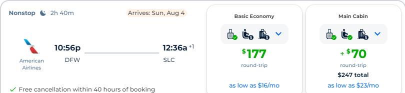 Non-stop, summer flights from Dallas, Texas to Salt Lake City, Utah for only $177 roundtrip with American Airlines. Also works in reverse. Flight deal ticket image.