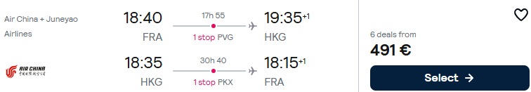 Click here to book this cheap flight deal. Cheap flights from Frankfurt, Germany to Hong Kong for only €491 roundtrip. Flight deal ticket image.